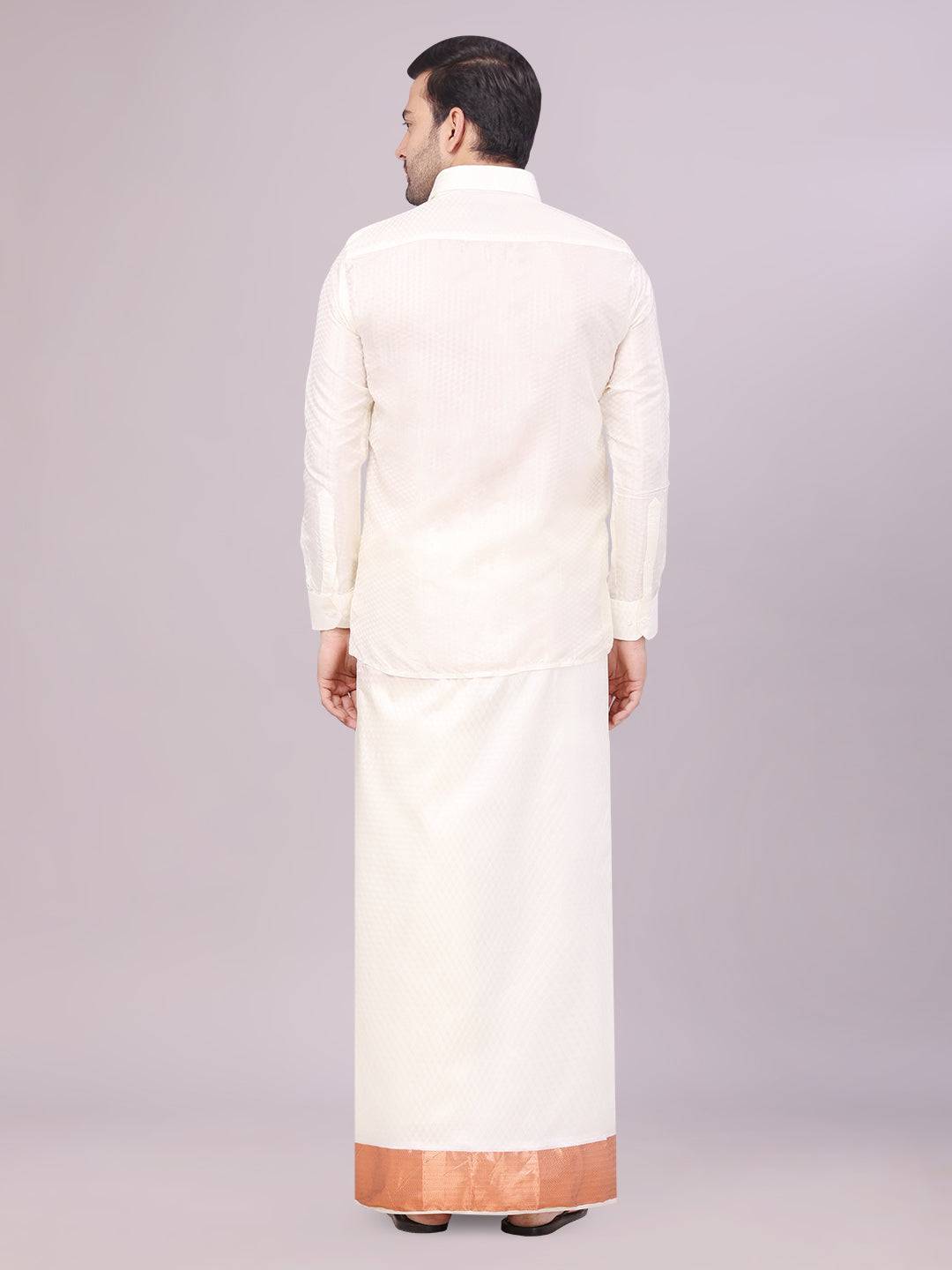Mens Art Silk Cream Jacquard Full Sleeves Shirt with 2 1/2" Copper Jari Border Dhoti Combo Nautica