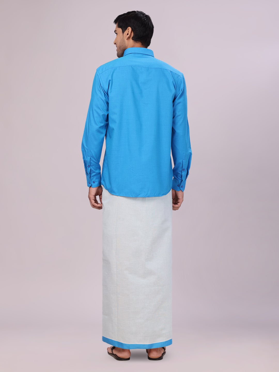 Men's Blue Color Cotton Shirt with Matching Border Tissue Dhoti Combo back pose