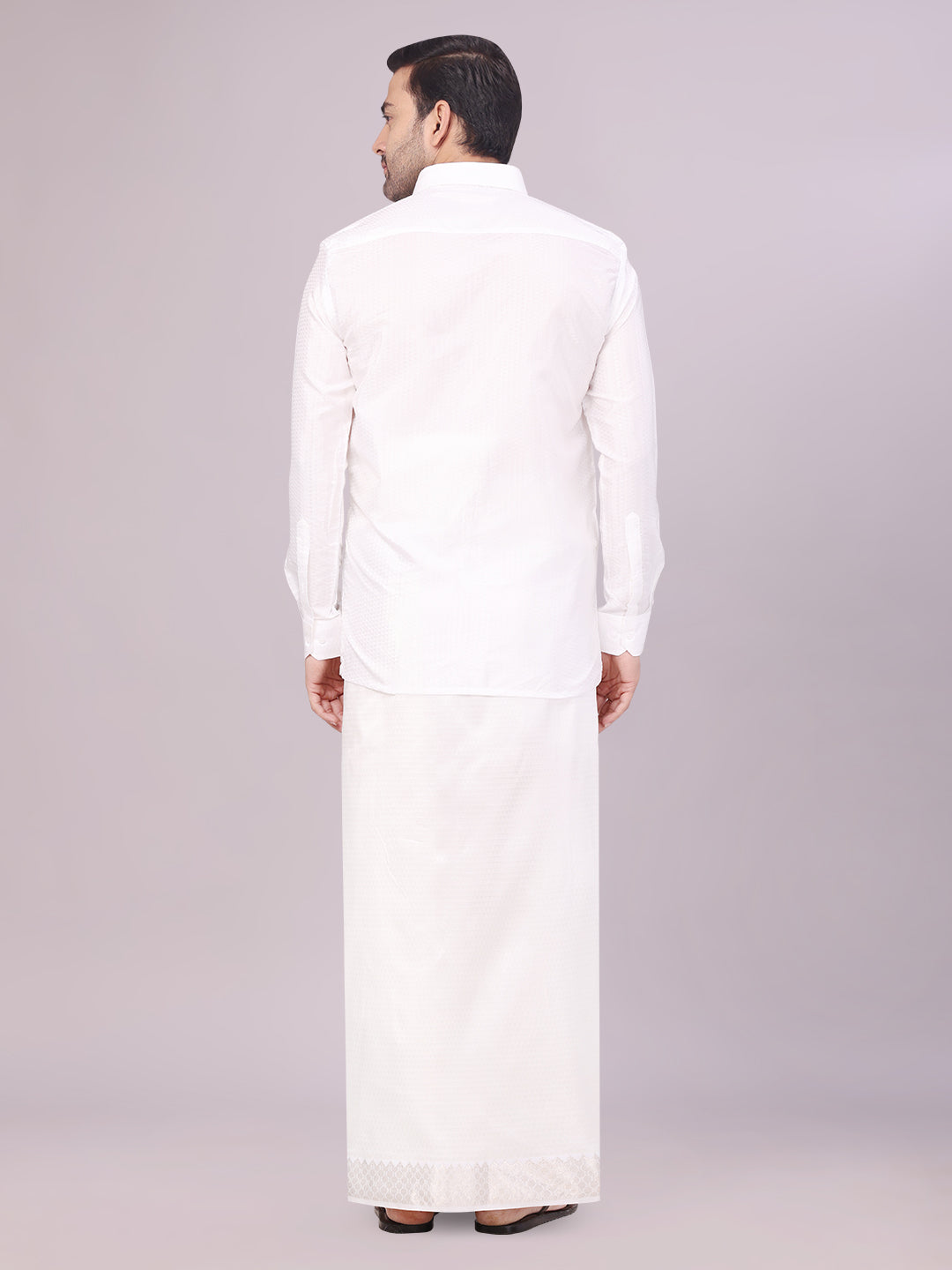 Men's Art Silk Half White Full Sleeves Shirt with 2 1/2" Jari Border Dhoti Combo Nautica