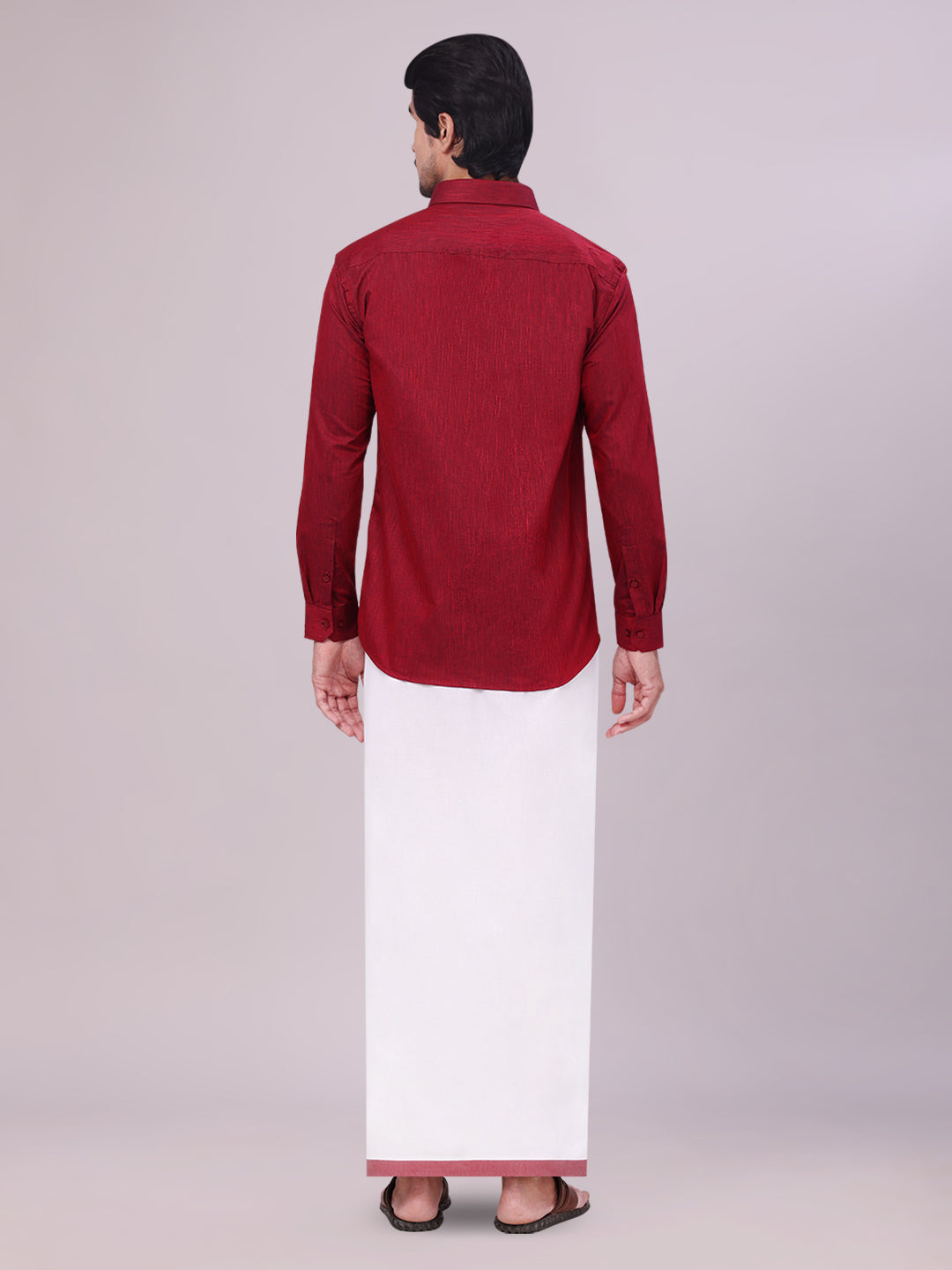 Men's Maroon Color Cotton Shirt with Matching Border Dhoti Combo side pose