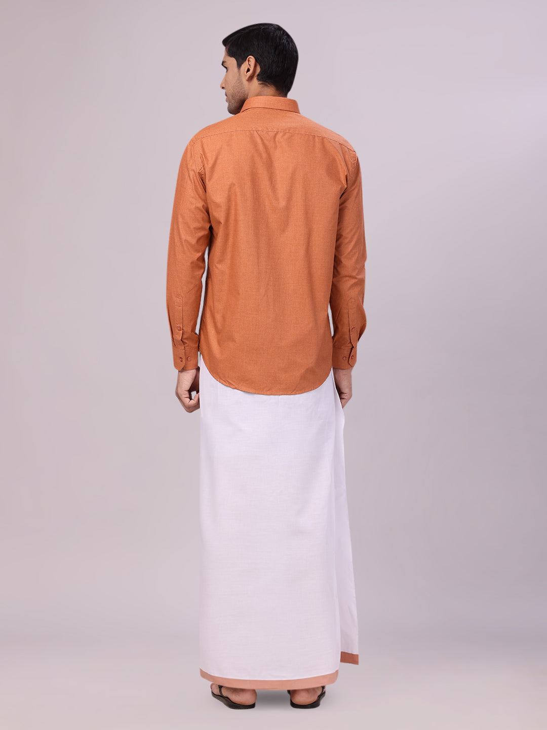Men's Brown Color Shirt with Matching Border Dhoti Combo Casper back pose