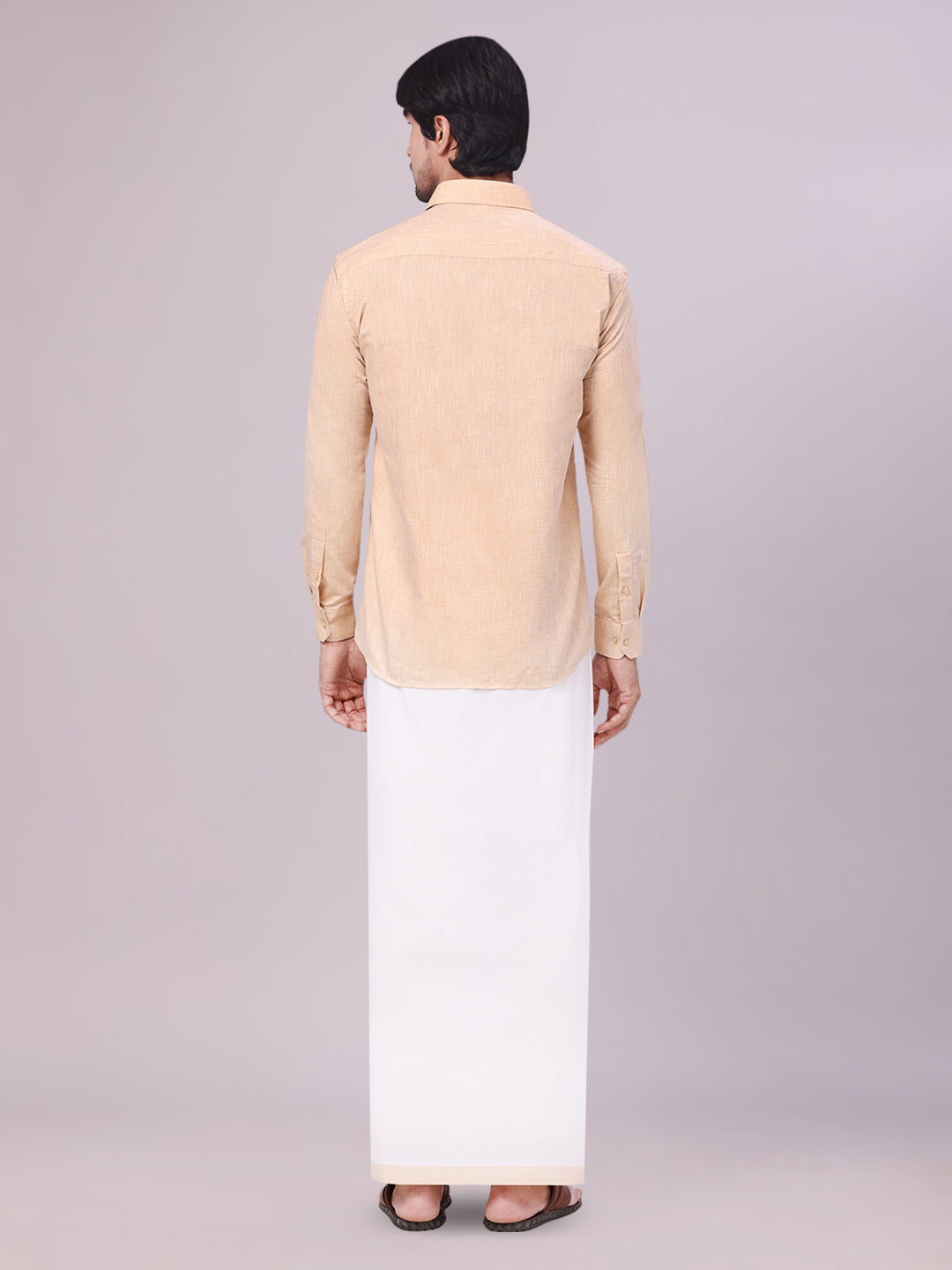 Men's Sandal Color Cotton Shirt with Matching Border Dhoti Combo back pose