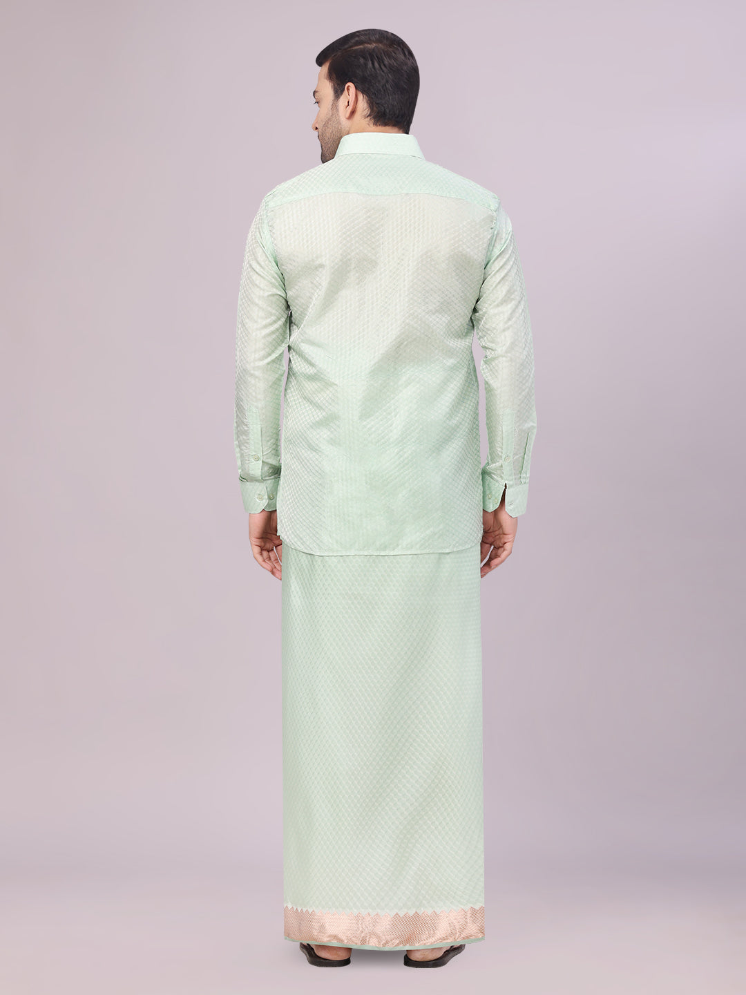 Men's Art Silk Pista Jacquard Full Sleeves Shirt with 2 1/2" Jari Border & Towel Dhoti Combo Nautica