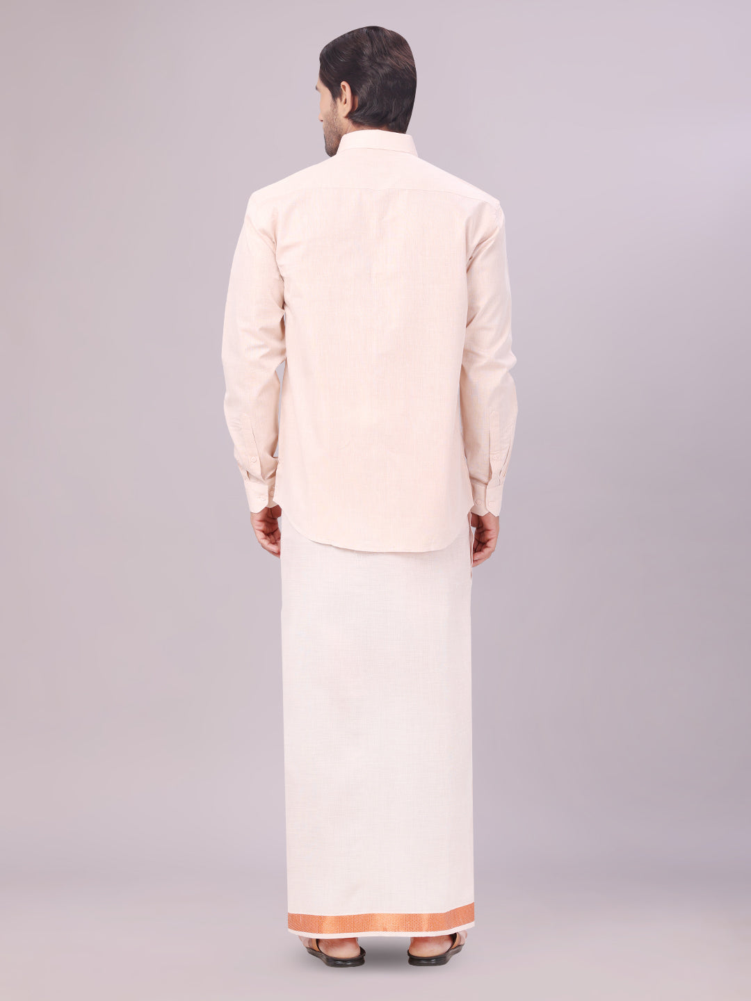 Men's Copper Color Tissue Shirt with Jari Dhoti Combo back pose