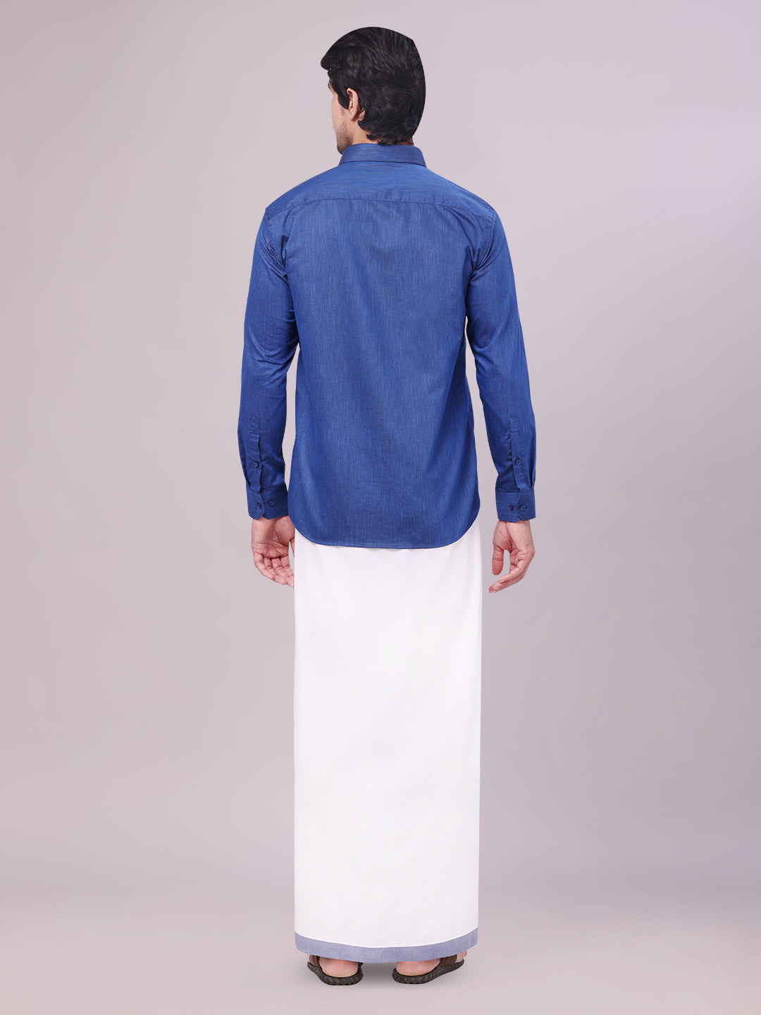 Men's Dark Blue Color Cotton Shirt with Matching Border Dhoti Combo back pose