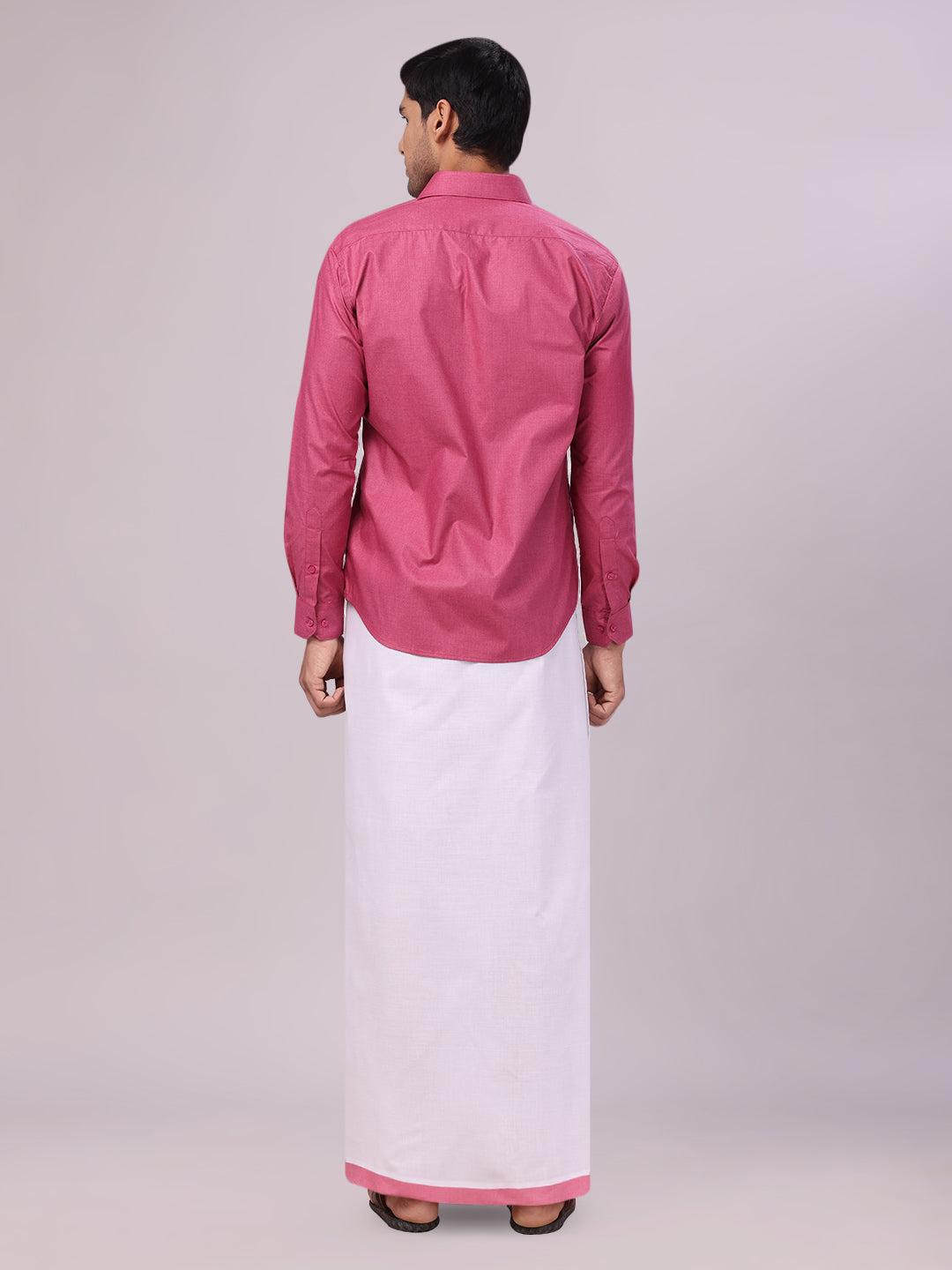 Men's Pink Color Shirt with Matching Border Dhoti Combo Casper back pose