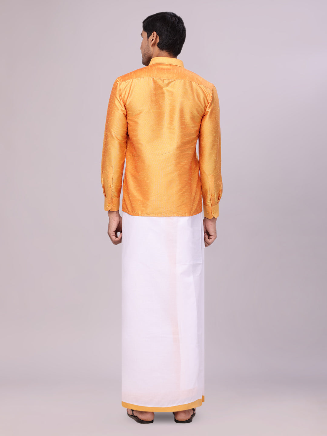Men's Yellow Dupion Satin Color Shirt with Matching Border Flexi Dhoti Combo Gora Flexi back pose