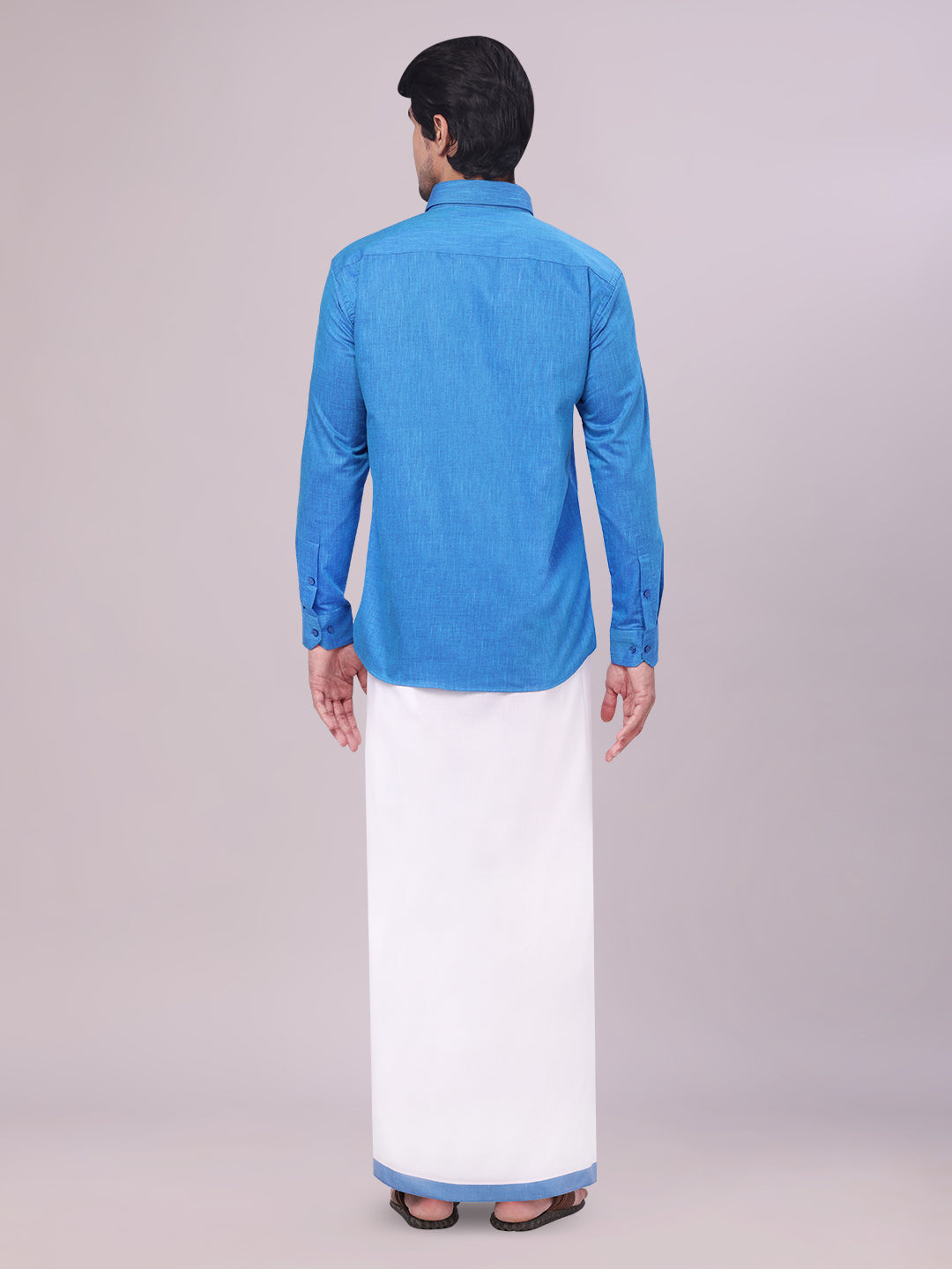 Men's Blue Color Cotton Shirt with Matching Border Dhoti Combo back pose