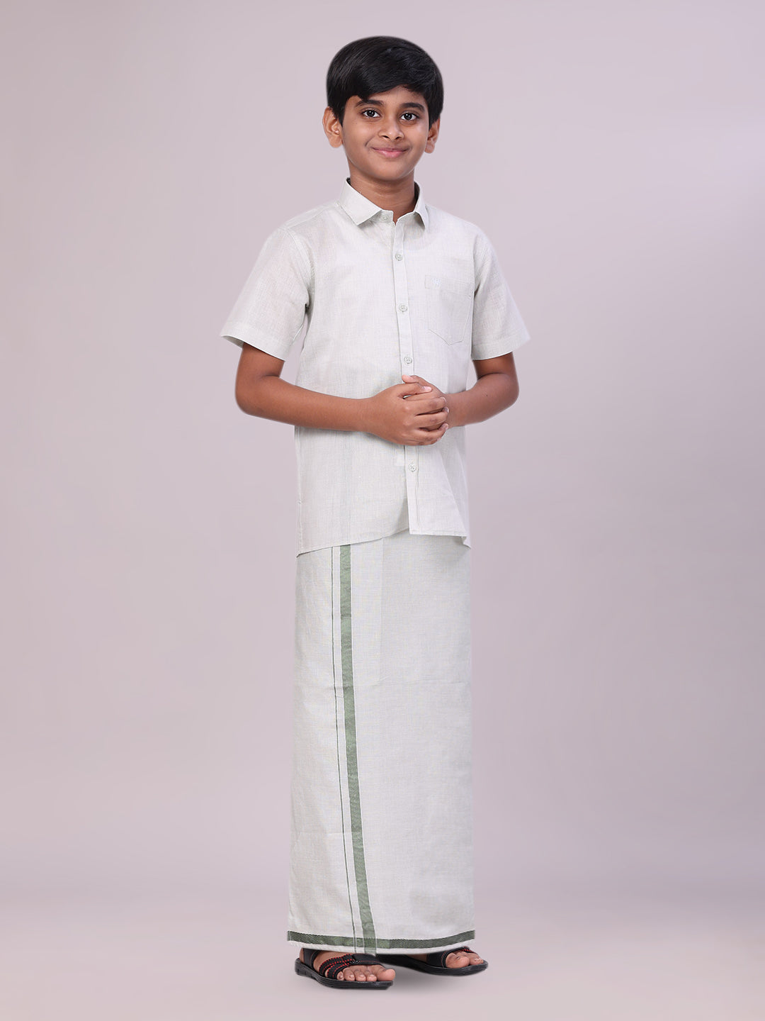 Kids Olive Green Color Tissue Shirt with Jari Dhoti Combo side pose