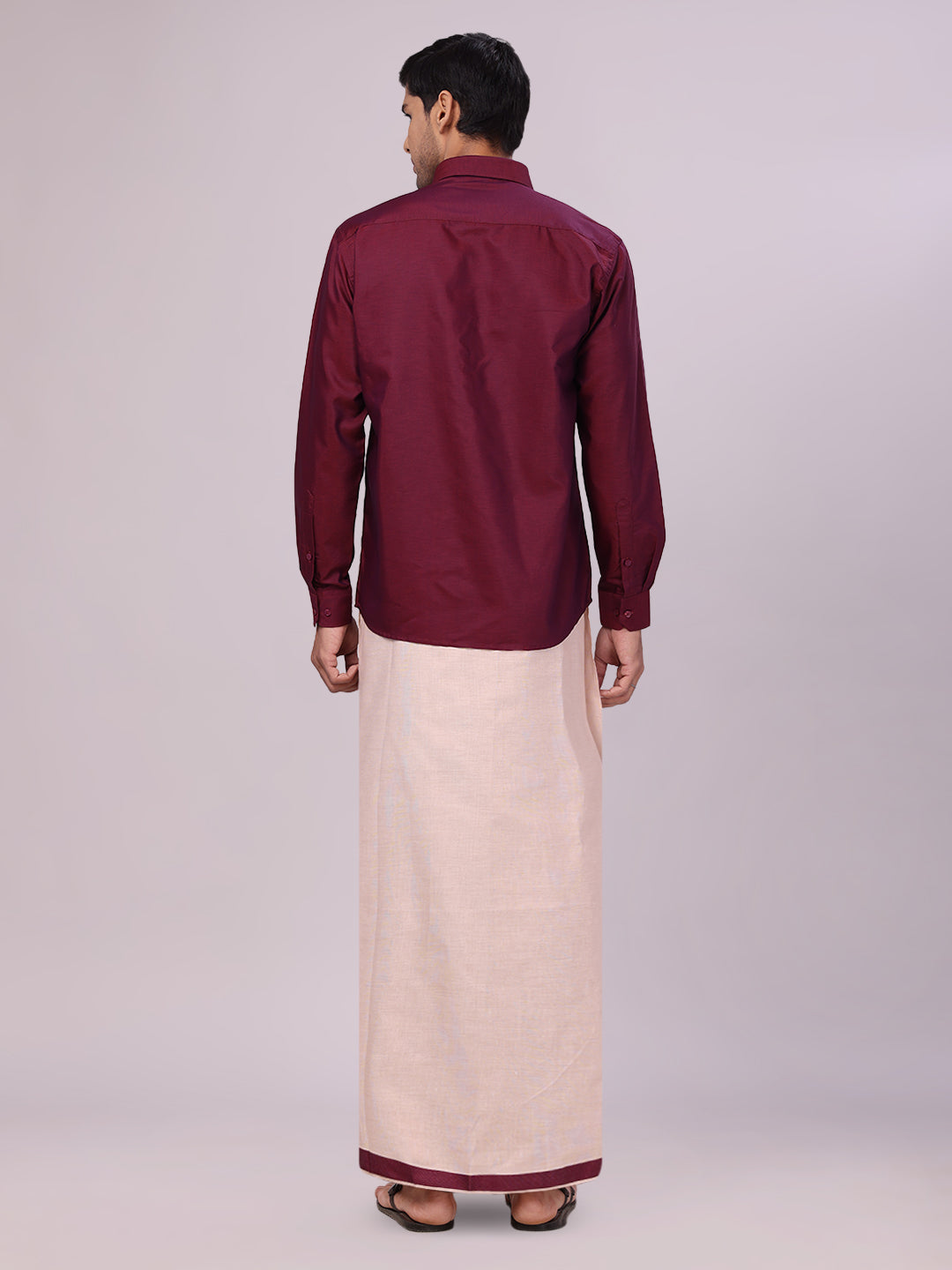 Men's Maroon Color Cotton Shirt & Matching Border Tissue Dhoti Combo back pose