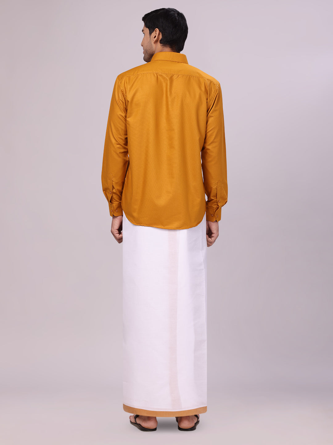 Men's Cotton Golden Yellow Matching Shirt and Dhoti Combo Luster back pose