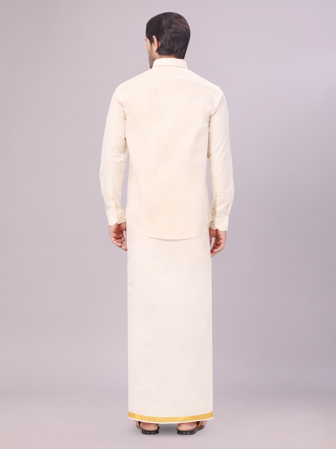 Men's Gold Color Tissue Shirt with Jari Dhoti Combo back pose