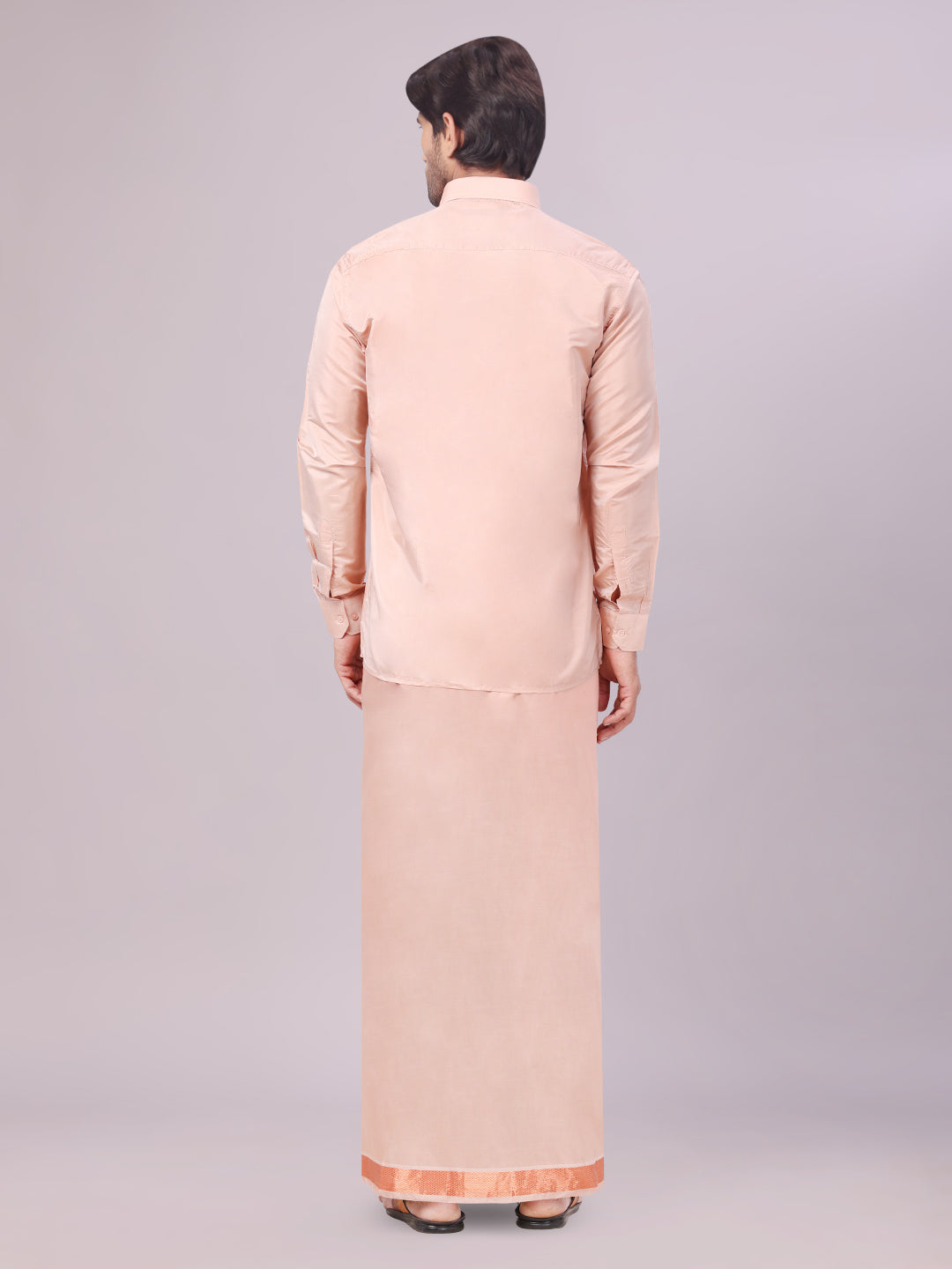 Men's Art Silk Dark Copper Full Sleeves Shirt with Copper Jari Border Flexi Dhoti Combo Finesse