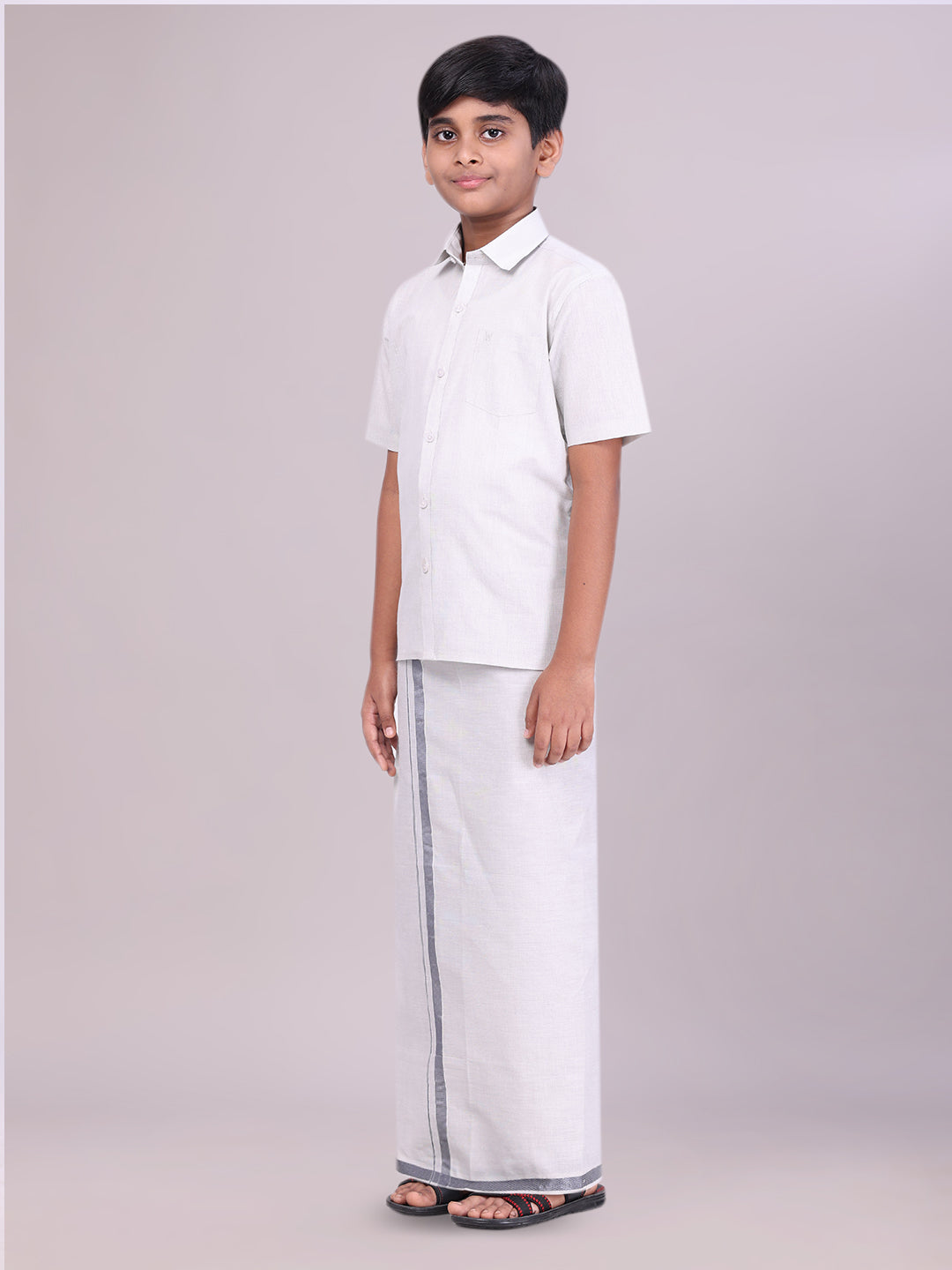 Boys Tissue Grey Colour Shirt with Dhoti Combo side pose
