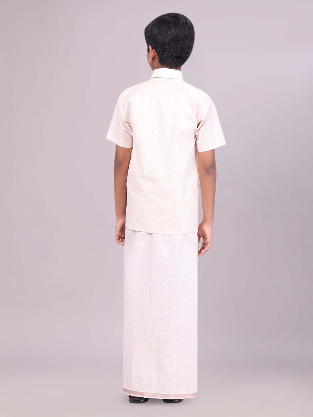 Kids Almond Color Tissue Shirt with Jari Dhoti Combo back pose