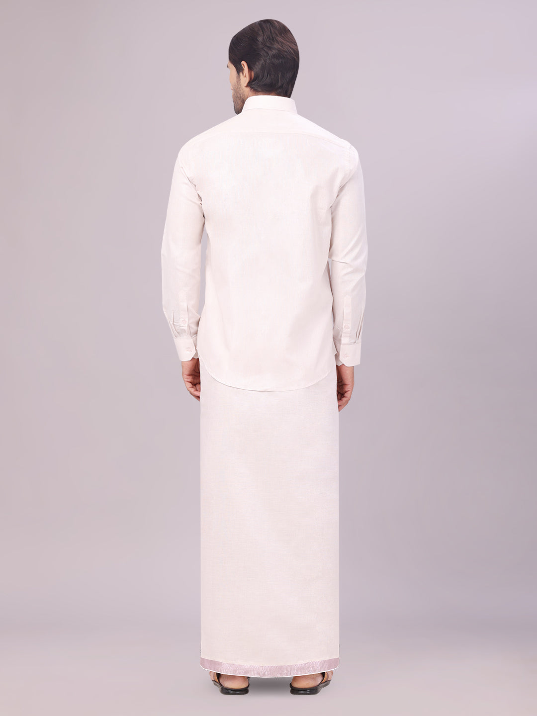 Men's Light Rose Color Tissue Shirt with Jari Dhoti Combo back pose