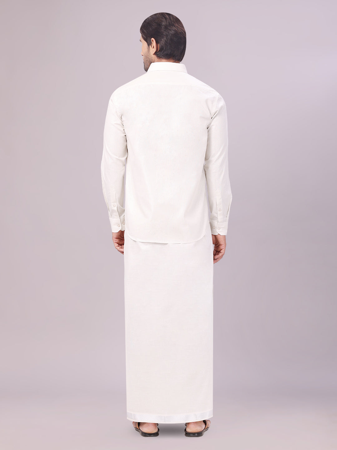 Men's Silver Color Tissue Shirt with Jari Dhoti Combo back pose