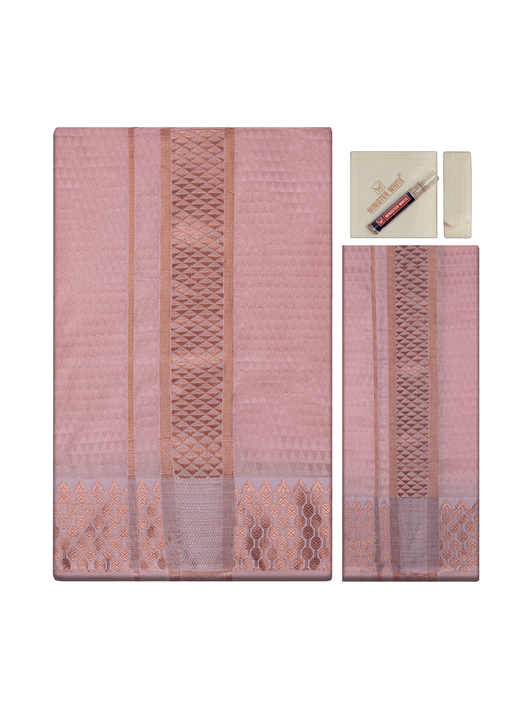 Men's Art Silk Pink Jacquard Full Sleeves Shirt with 2 1/2" Copper Jari Border & Towel Dhoti Combo Nautica