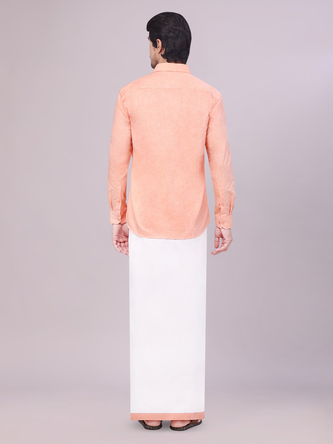 Men's Peach Color Cotton Shirt with Matching Border Dhoti Combo back pose