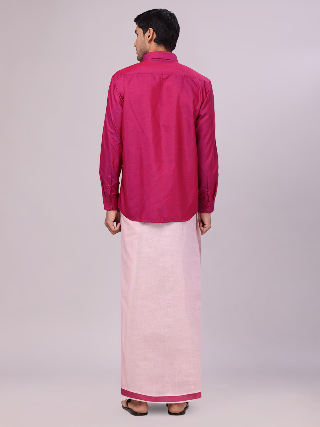Father Magenta Color Cotton Shirt with Matching Border Tissue Dhoti Combo back pose