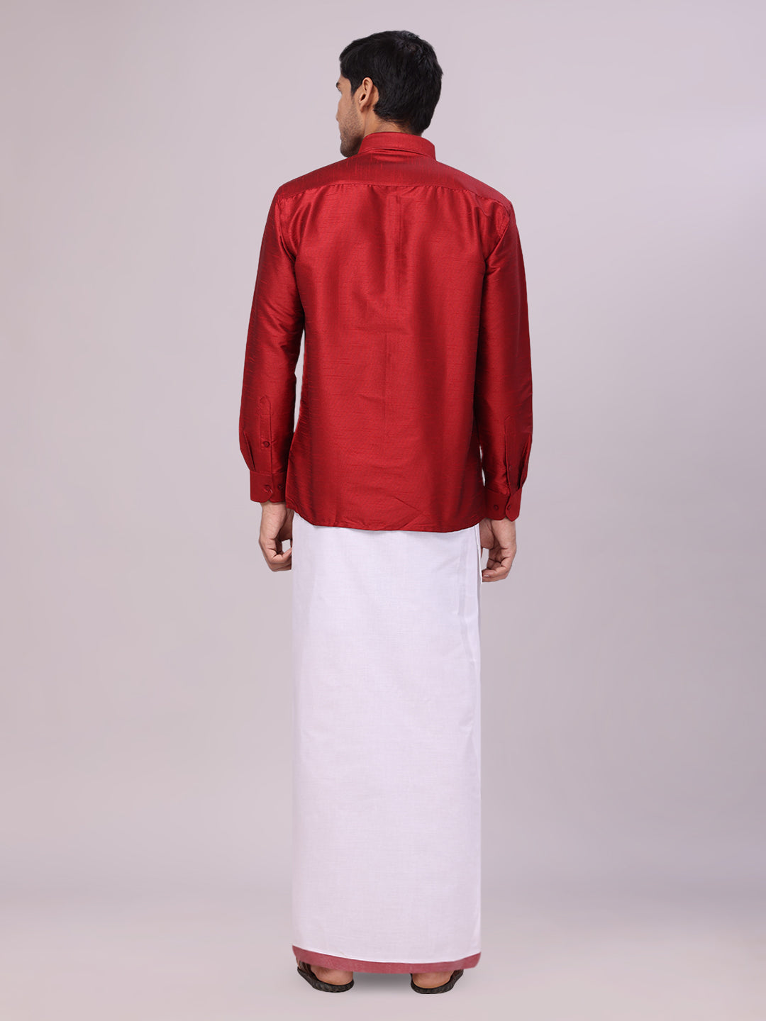 Men's Red Dupion Satin Color Shirt with Matching Border Flexi Dhoti Combo Gora Flexi back pose