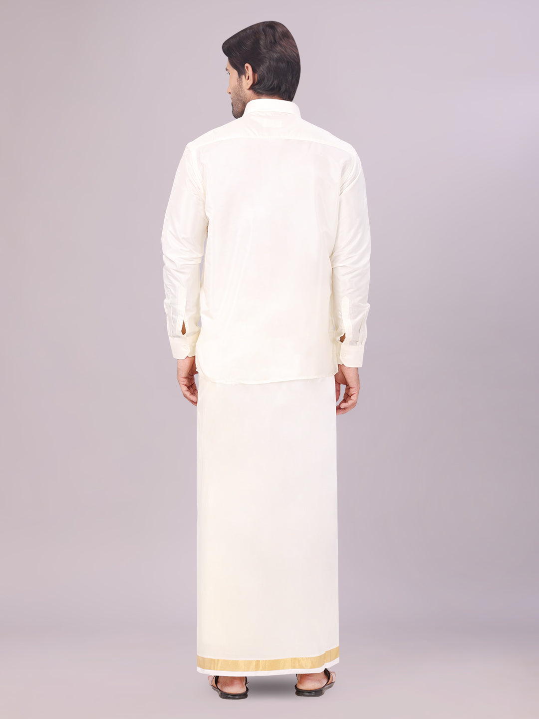 Men's Art Silk Cream Full Sleeves Shirt with 50k Gold Jari Border Dhoti Combo Finesse