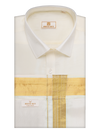 Men's Art Silk Cream Full Sleeves Shirt with 100k Gold Jari Border Flexi Dhoti Combo Finesse