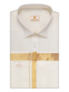 Men's Art Silk Cream Full Sleeves Shirt with 70k Gold Jari Border Flexi Dhoti Combo Finesse