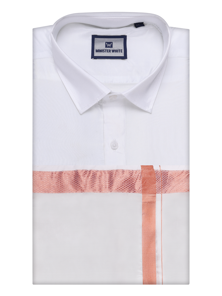 Men's Art Silk Half White Full Sleeves Shirt with Copper Jari Border Dhoti Finesse