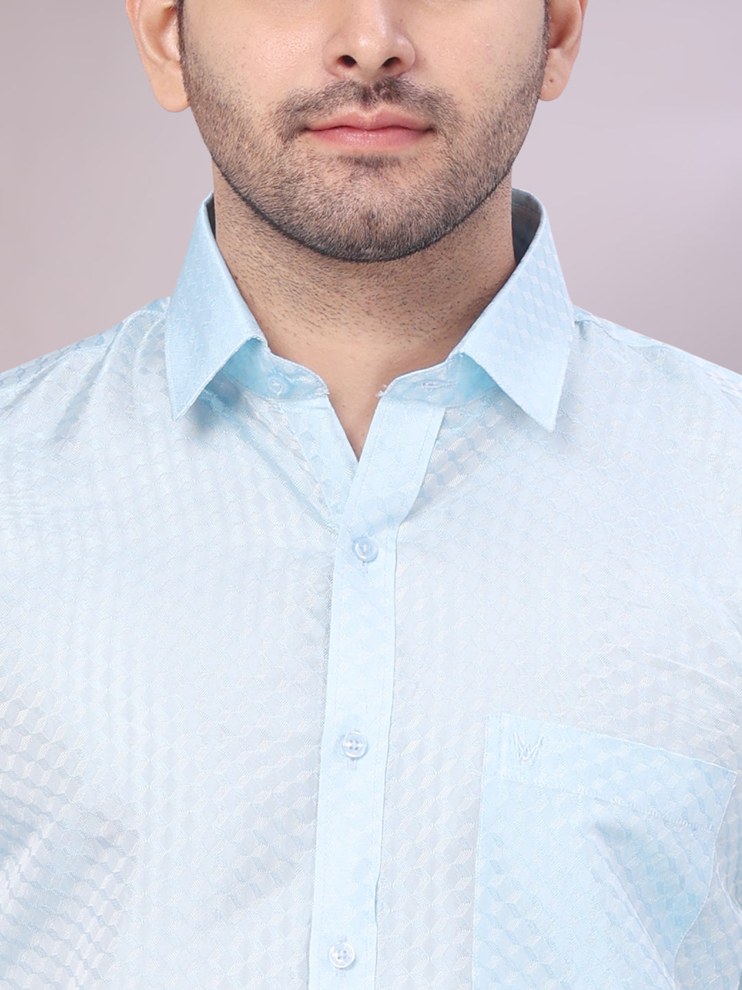 Men's Art Silk Sky Blue Jacquard Full Sleeves Shirt with 2 1/2" Jari Border Dhoti Combo Nautica