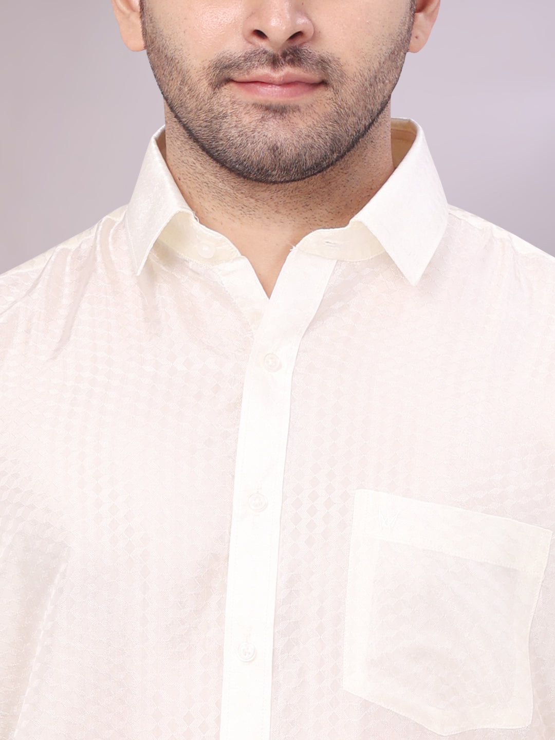 Mens Art Silk Cream Jacquard Full Sleeves Shirt with 2 1/2" Copper Jari Border Dhoti Combo Nautica