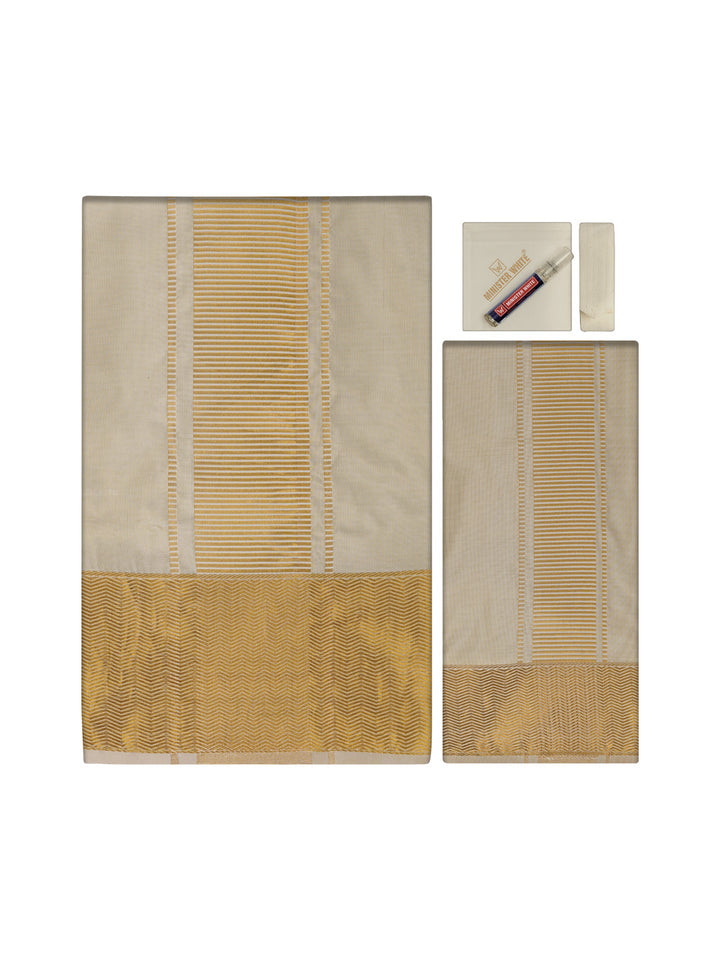 Men's Art Silk Medium Gold Jacquard Full Sleeves Shirt with 4" Gold Jari Border & Towel Dhoti Combo Mangal