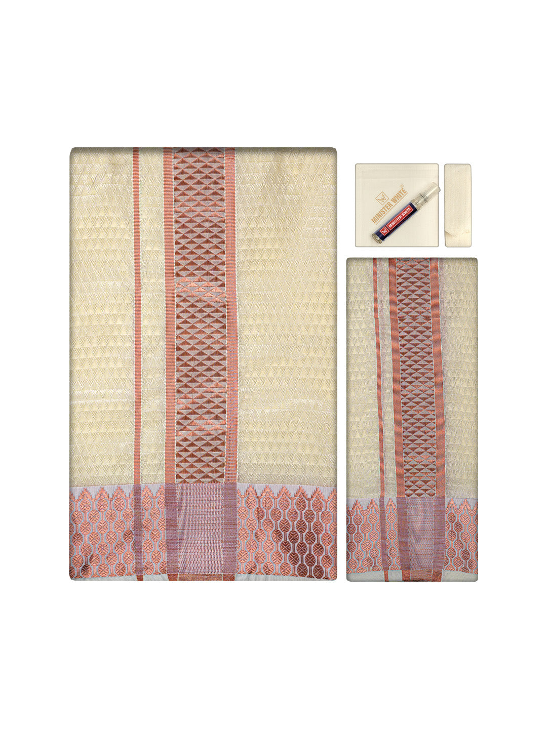 Men's Premium Art Silk Cream Shirt Bit with 2 1/2" Copper Jari Border Dhoti Combo Sieger