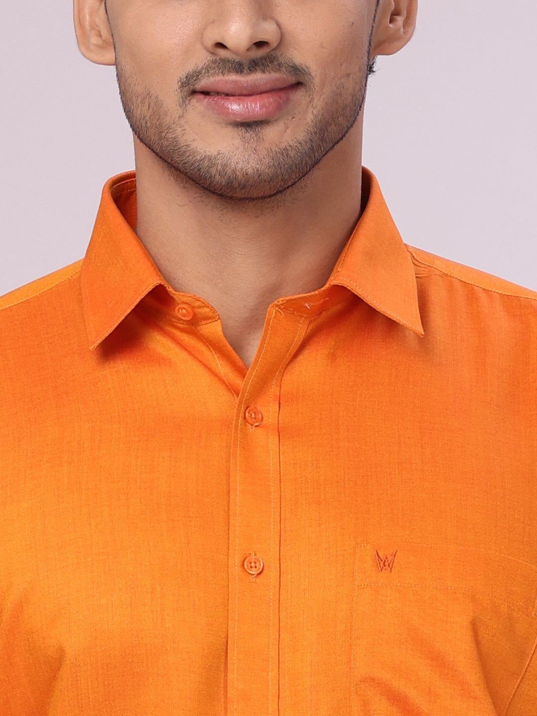 Men's Orange Color Cotton Shirt with Matching Border Tissue Dhoti Combo close view