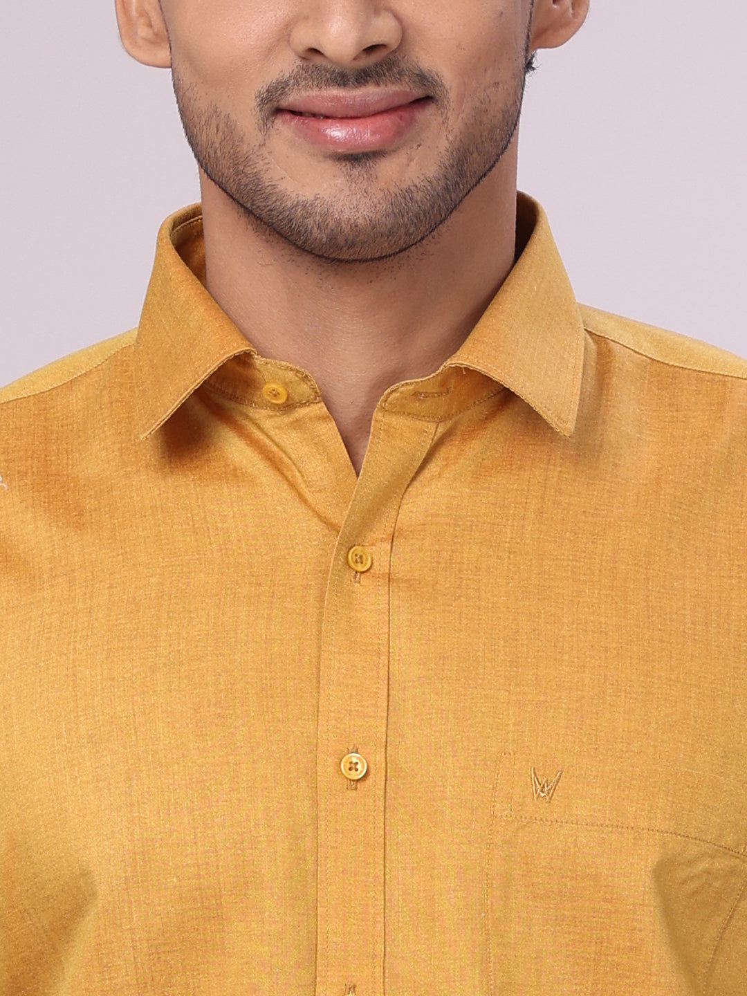 Men's Mustard Color Cotton Shirt with Matching Border Tissue Dhoti Combo close view