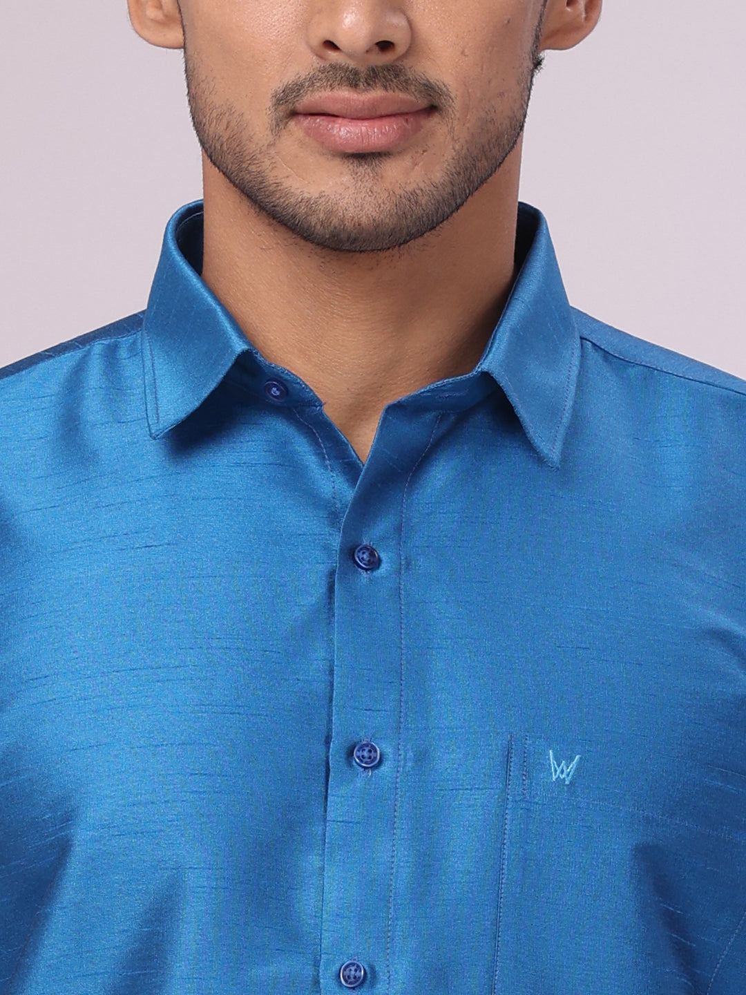 Men's Ramar Blue Dupion Satin Color Shirt Gora close view