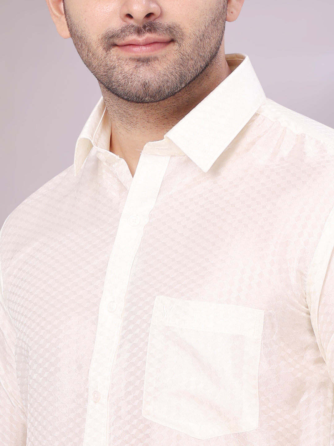 Mens Art Silk Cream Jacquard Full Sleeves Shirt with 2 1/2" Copper Jari Border Dhoti Combo Nautica