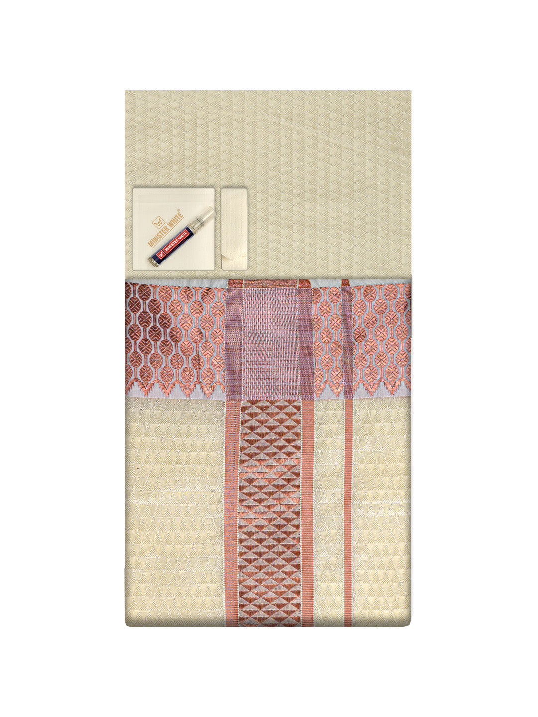 Men's Premium Art Silk Cream Shirt Bit with 2 1/2" Copper Jari Border Dhoti Combo Sieger