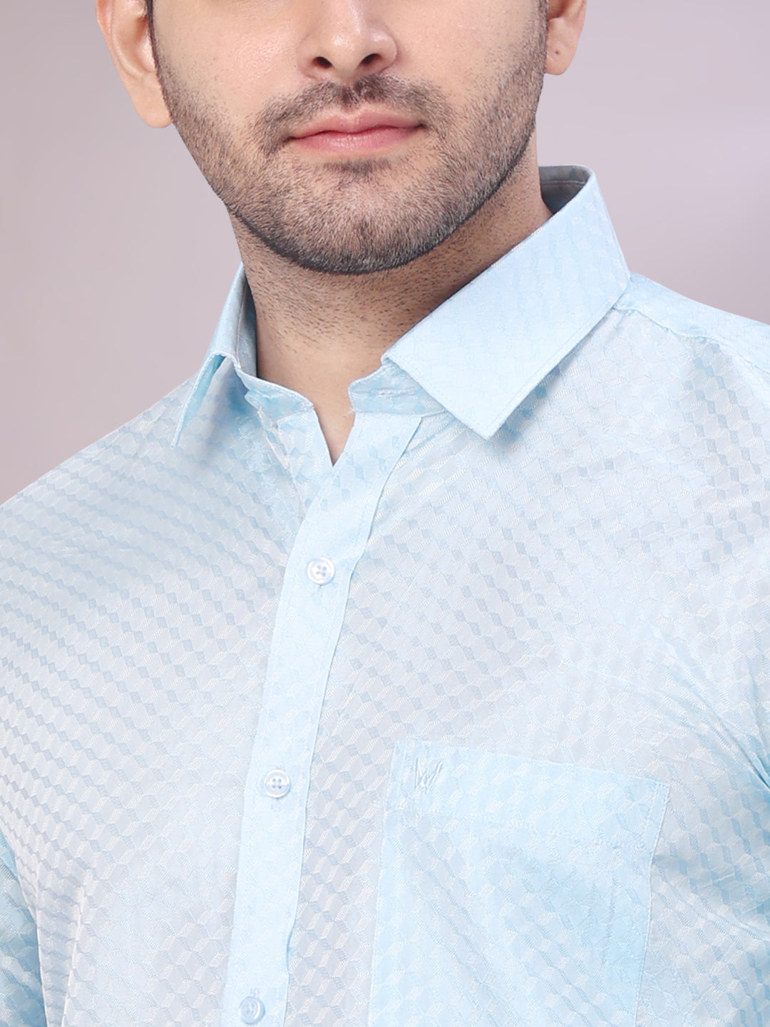 Men's Art Silk Sky Blue Jacquard Full Sleeves Shirt with 2 1/2" Jari Border & Towel Dhoti Combo Nautica