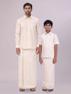 Father & Son Beige Color Tissue Shirt with Jari Dhoti Combo