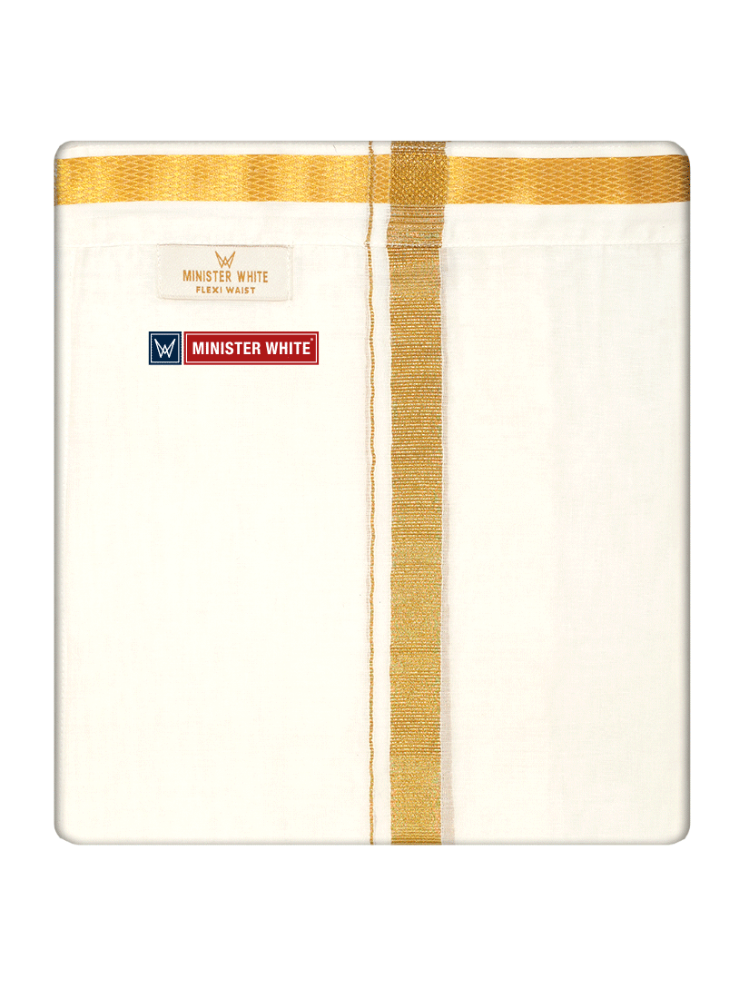 Mens Cotton Cream Single Layered with Gold Jari Velcro Pocket Dhoti - Trigger by Minister White
