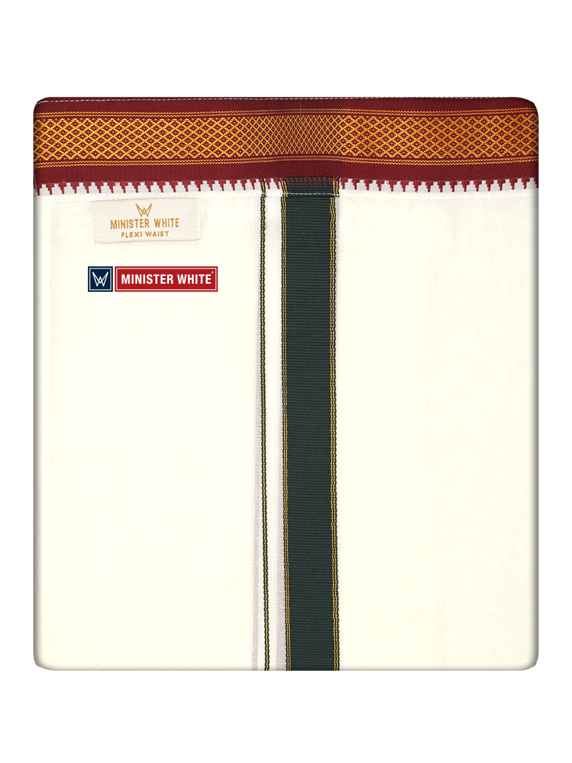 Mens Cotton Cream Double Layer with Myilkhgan Border Velcro Pocket Dhoti - Kanishka by Minister White