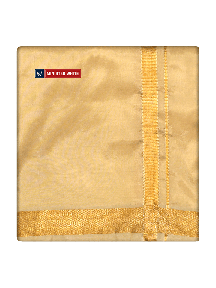Mens Art Silk Medium Gold Jari Border Dhoti by Minister White