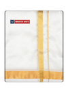 Mens Art Silk Double Layer White Dhoti with 50K Gold Jari Border - Prince 50K