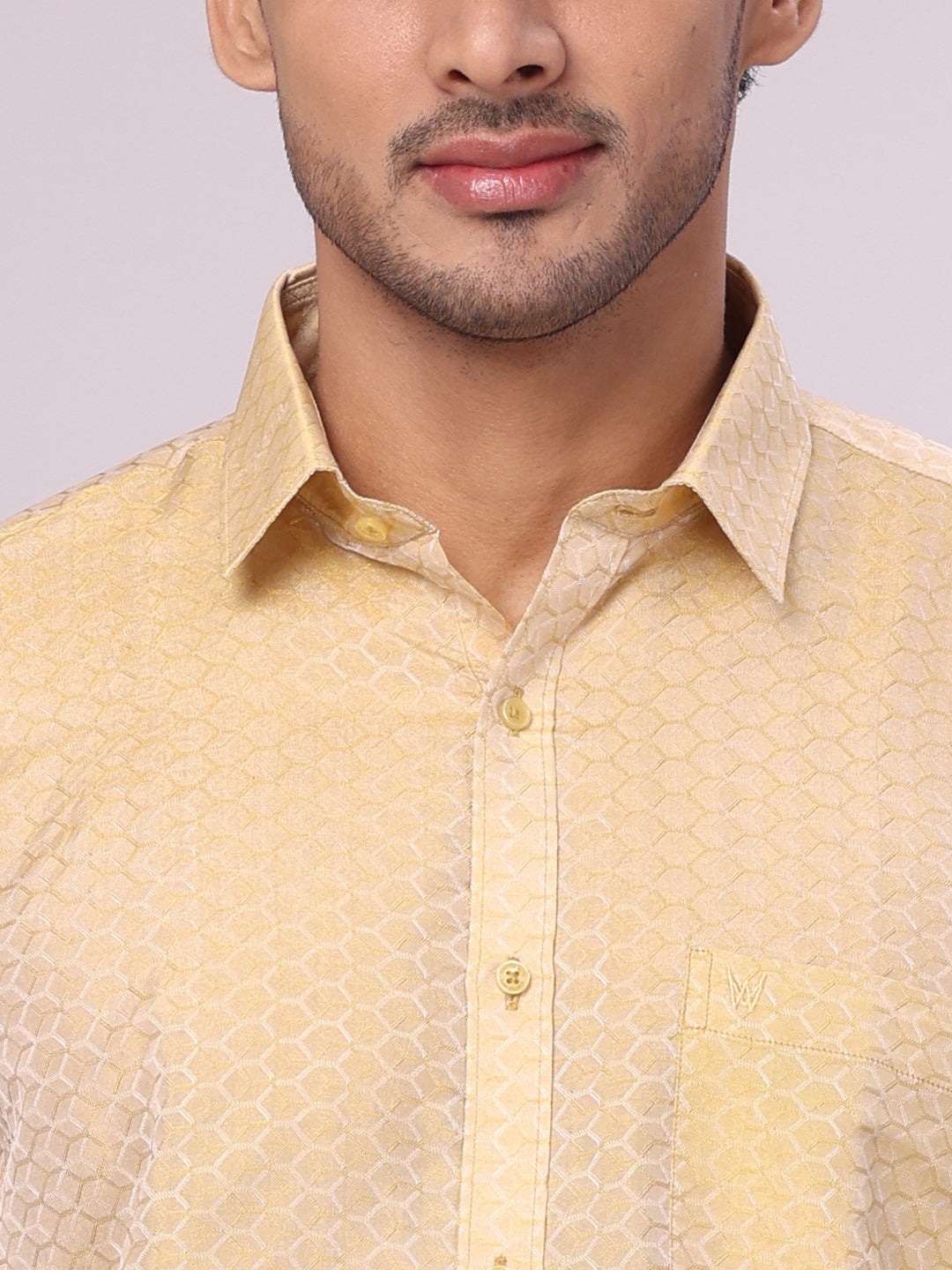 Men's Art Silk Jacquard Mango Full Sleeves Shirt with 2 1/2" Gold Jari Border & Towel Dhoti Combo Spruce
