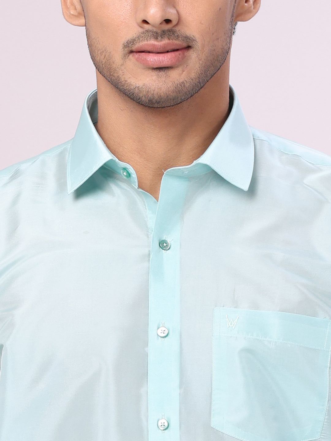 Men's Art Silk Sea Green Jacquard Full Sleeves Shirt with 3" Silver Jari Border Dhoti Combo Mangal