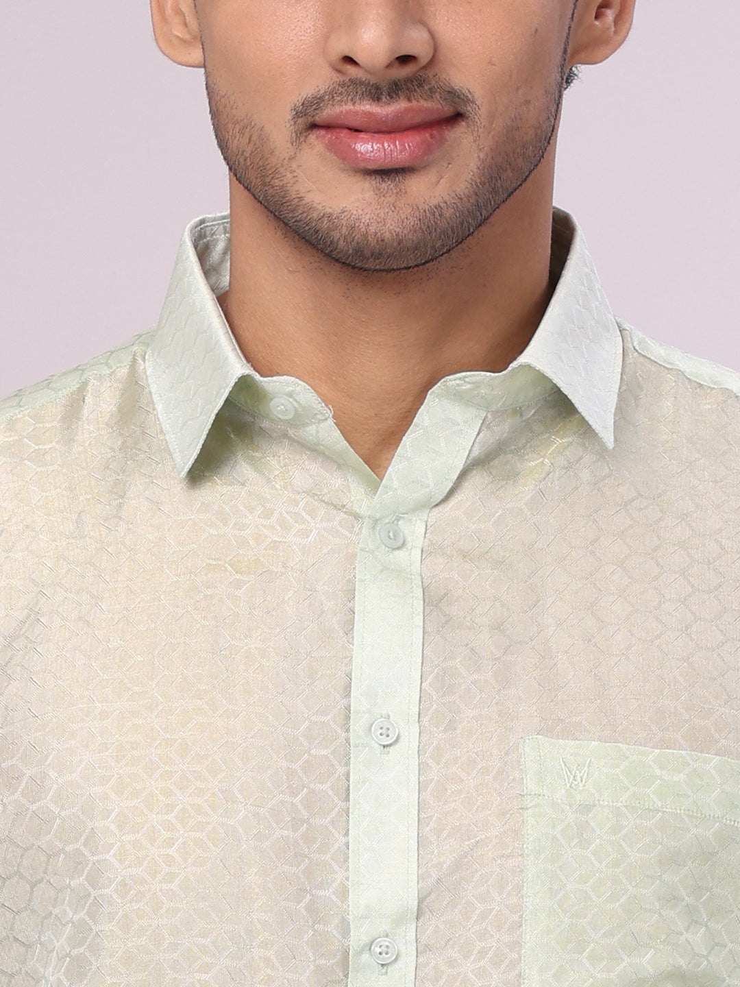 Men's Art Silk Jacquard Pista Full Sleeves Shirt with 2 1/2" Gold Jari Border & Towel Dhoti Combo Spruce