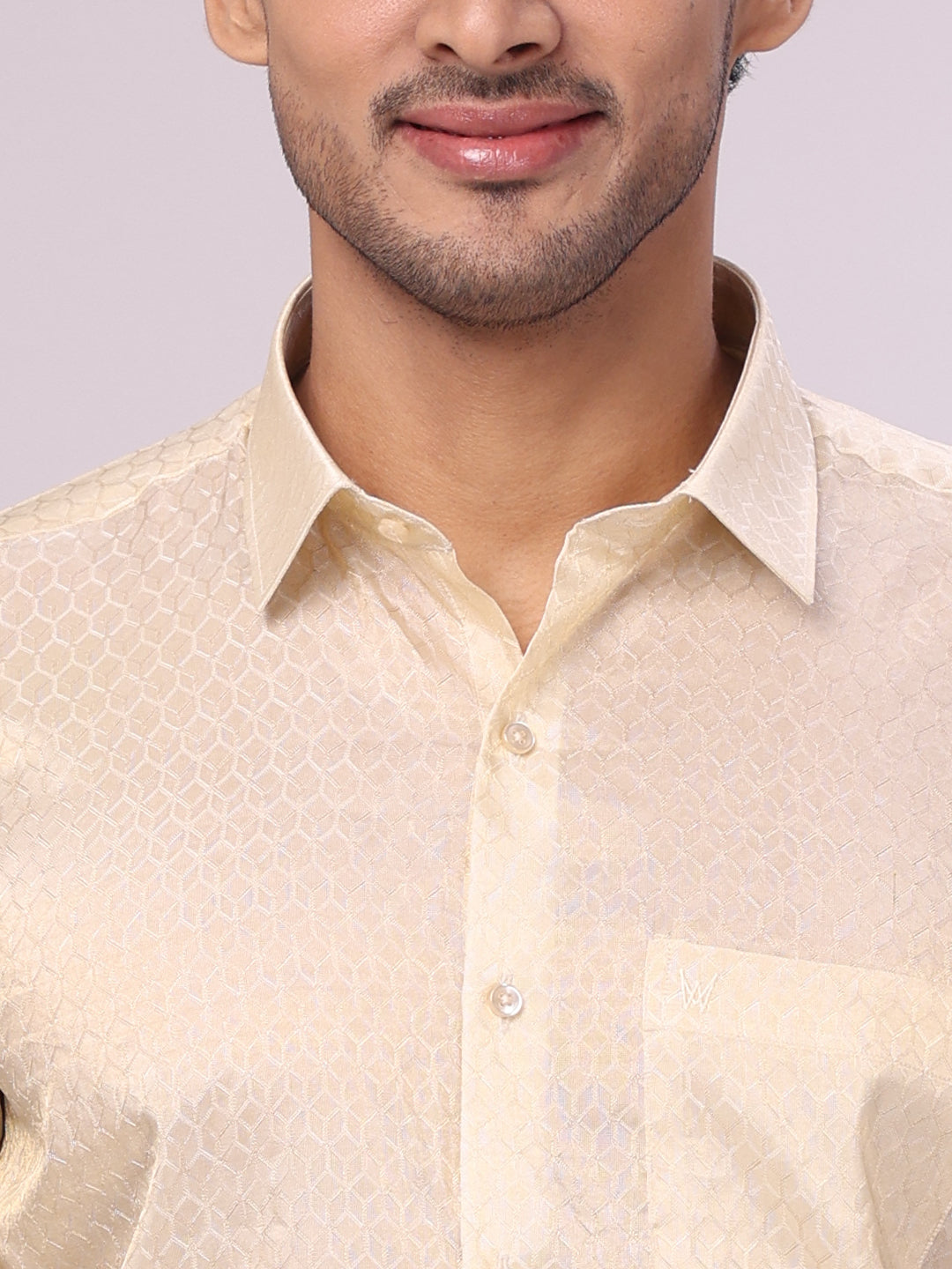 Men's Art Silk Jacquard Cream Jacquard Full Sleeves Shirt with 2 1/2" Gold Jari Border & Towel Dhoti Combo Spruce