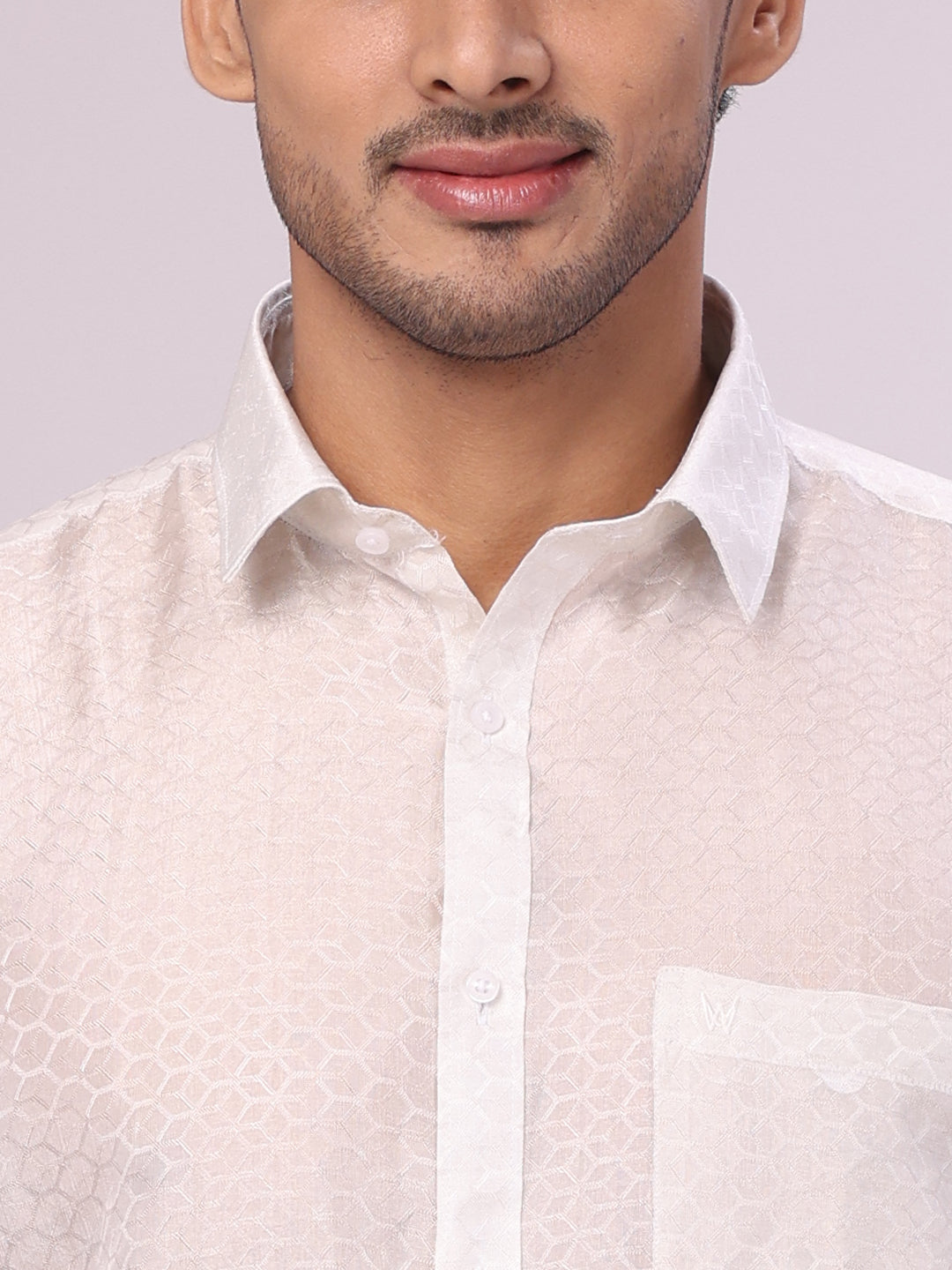 Men's Art Silk Half White Jacquard Full Sleeves Shirt with 2 1/2" Silver Jari Border & Towel Dhoti Combo Spruce