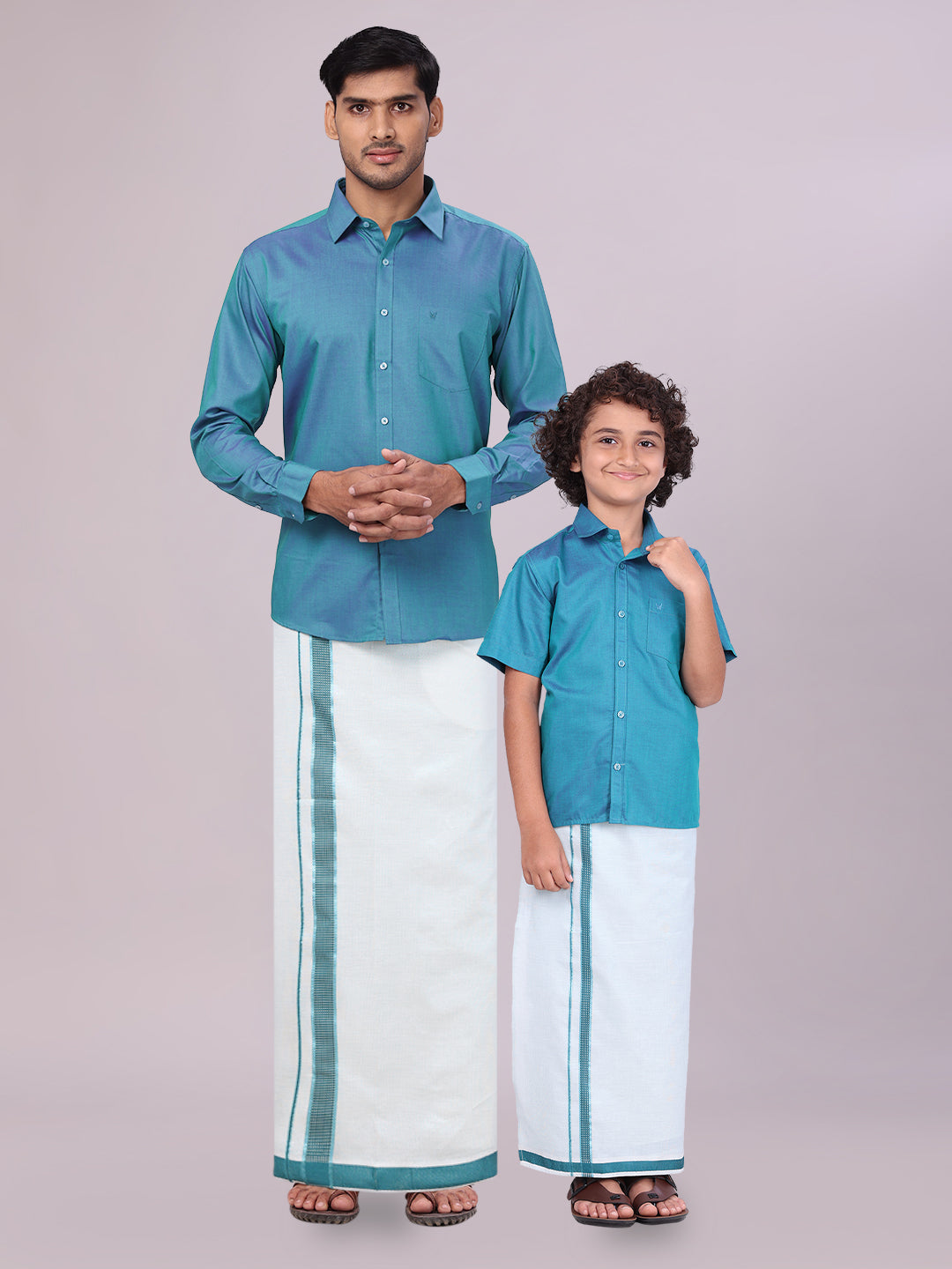 Father Son Green Color Cotton Shirt Tissue Dhoti Combo